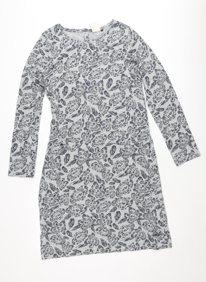 Weird Fish Women's Grey Floral Shift Dress Size 12 Long Sleeve