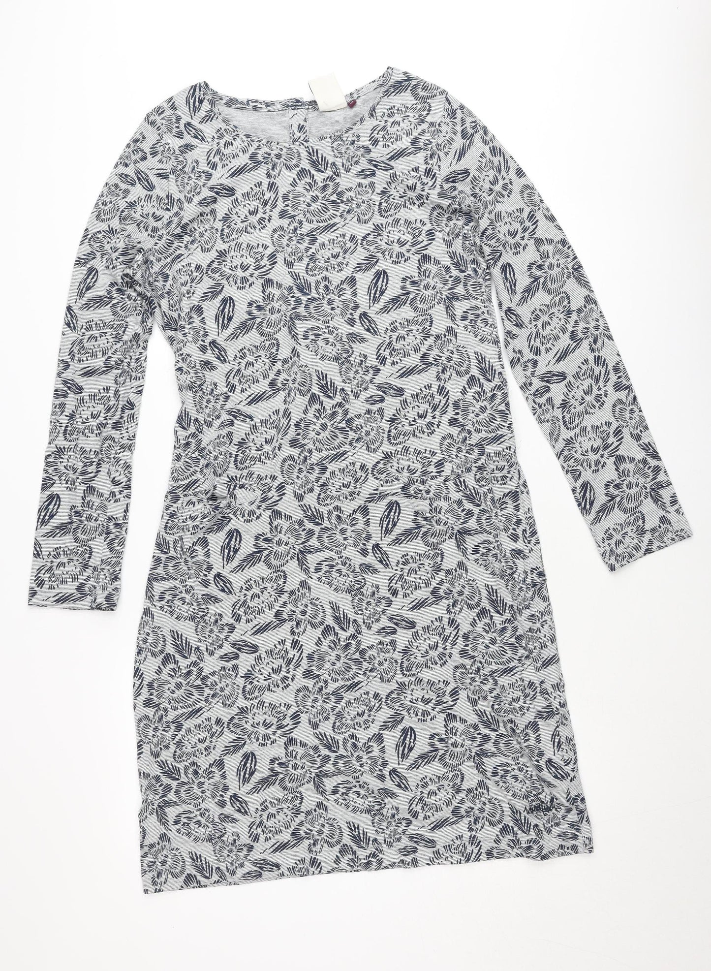 Weird Fish Women's Grey Floral Shift Dress Size 12 Long Sleeve
