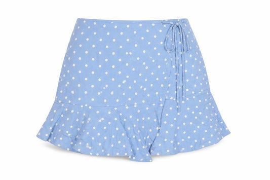 Front view of Pull&Bear Women Blue Polka Dot Wrap Skirt XS Viscose