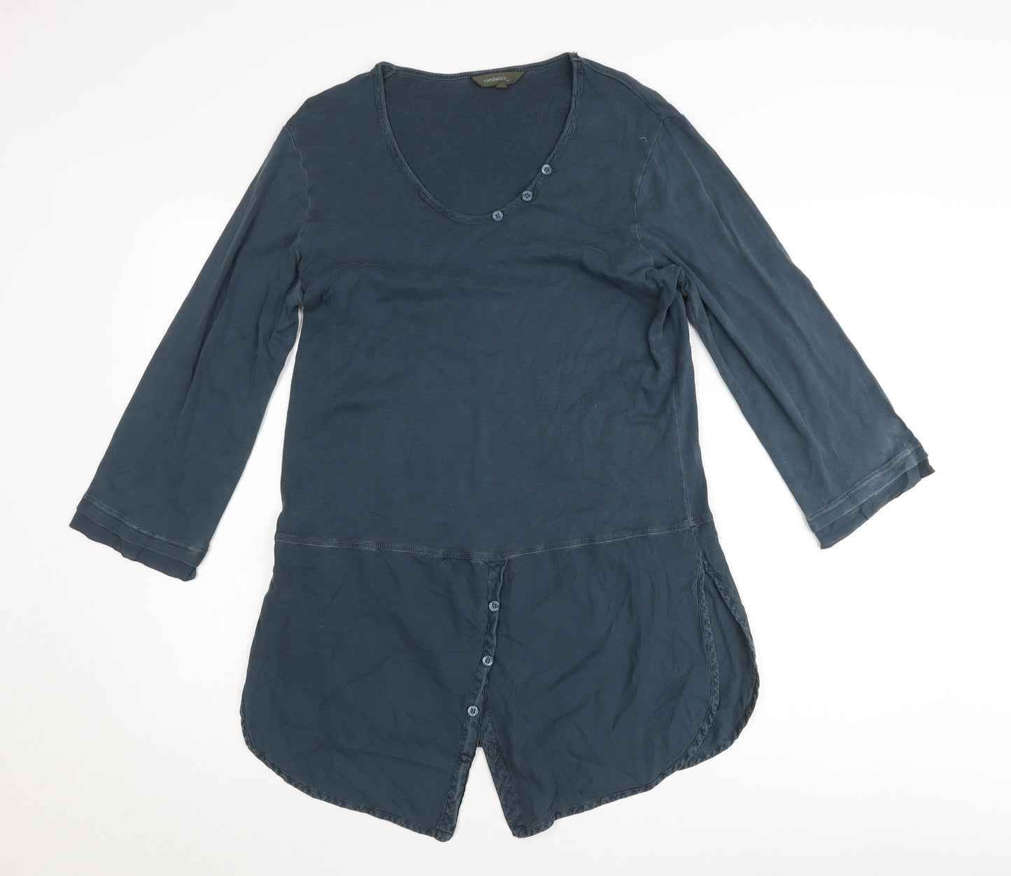 Sandwich Women’s Blue Cotton Tunic Blouse XL 3/4 Sleeve Scoop Neck