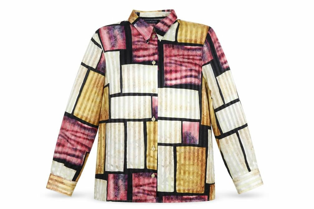 Front view of Your Sense Women’s Multicoloured Geometric Button-Up Shirt, size UK 18