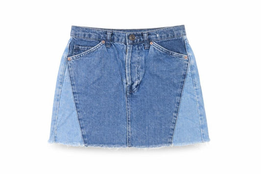 Front view of BDG Urban Outfitters Women’s Blue Denim Mini Skirt, size S, Cotton Fringe