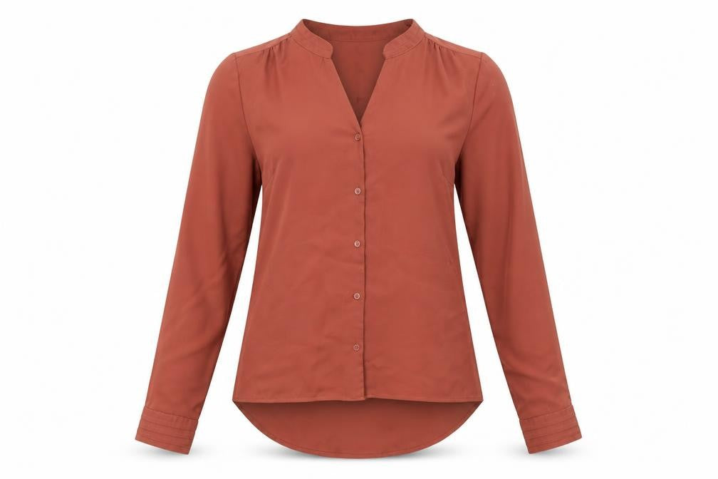 Front view of ESMARA Women Brown Blouse, size 10, Long Sleeve Button Front