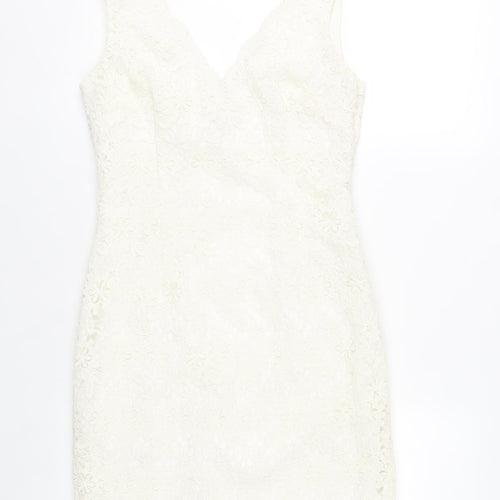 Ann Taylor Women Ivory Lace Sheath Dress Size 6 V-Neck Sleeveless