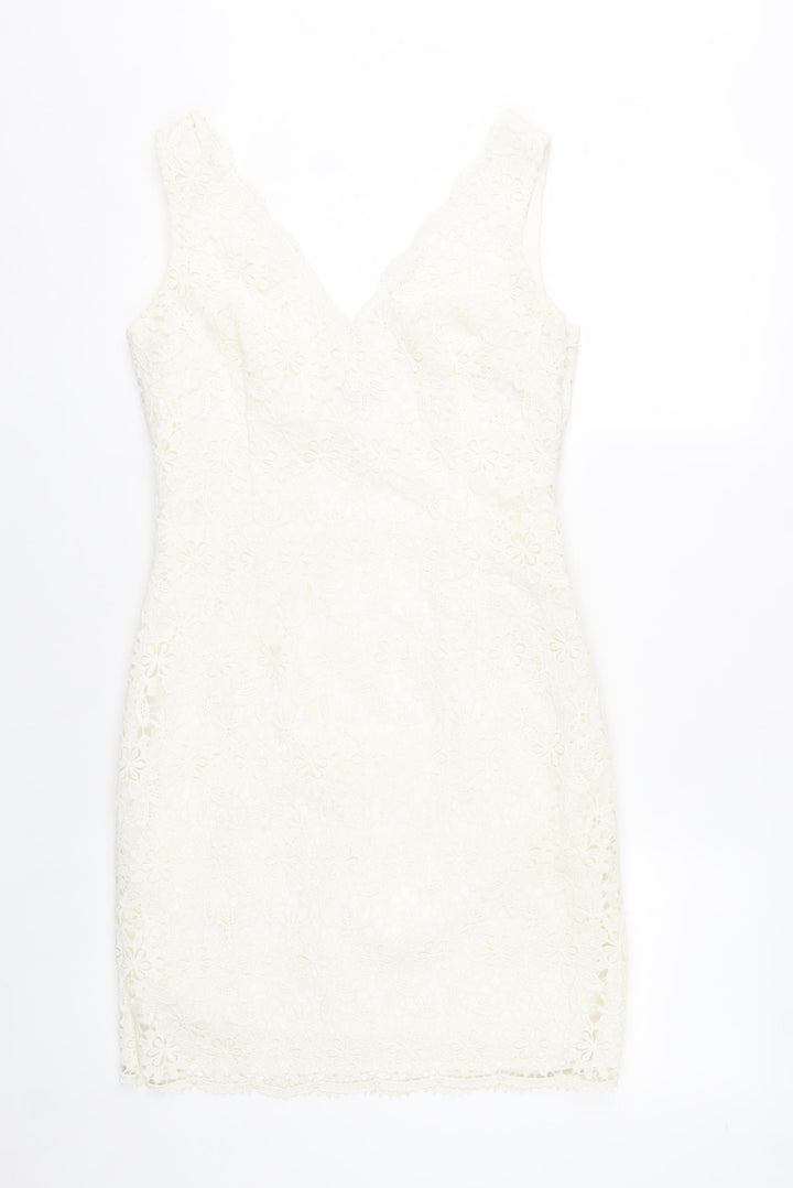Ann Taylor Women Ivory Lace Sheath Dress Size 6 V-Neck Sleeveless