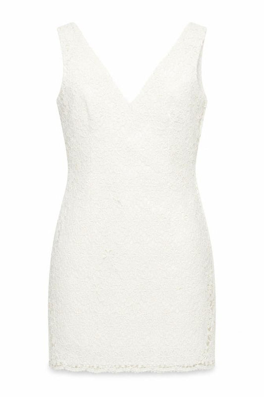 Front view of Ann Taylor Women Ivory Lace Sheath Dress, size 6, V-Neck Sleeveless