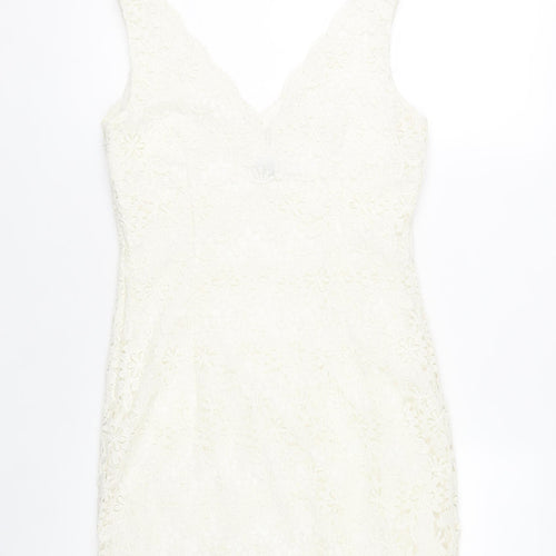 Ann Taylor Women Ivory Lace Sheath Dress Size 6 V-Neck Sleeveless