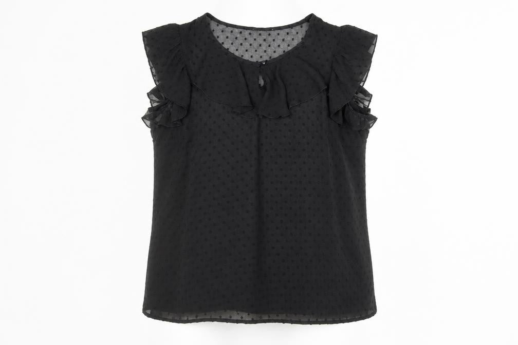 Front view of Klass Women’s Black Chiffon Ruffle Polka Dot Blouse, size UK 14