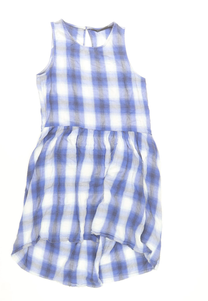 Topshop Women Blue Check Cotton Sleeveless Skater Dress Size 10