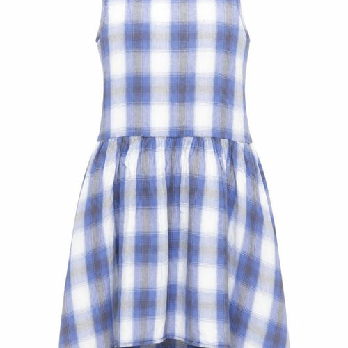 Topshop Women Blue Check Cotton Sleeveless Skater Dress Size 10