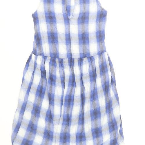 Topshop Women Blue Check Cotton Sleeveless Skater Dress Size 10