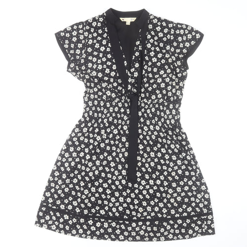 Yumi Women’s Black Floral A-Line Short V-Neck Dress Size 12