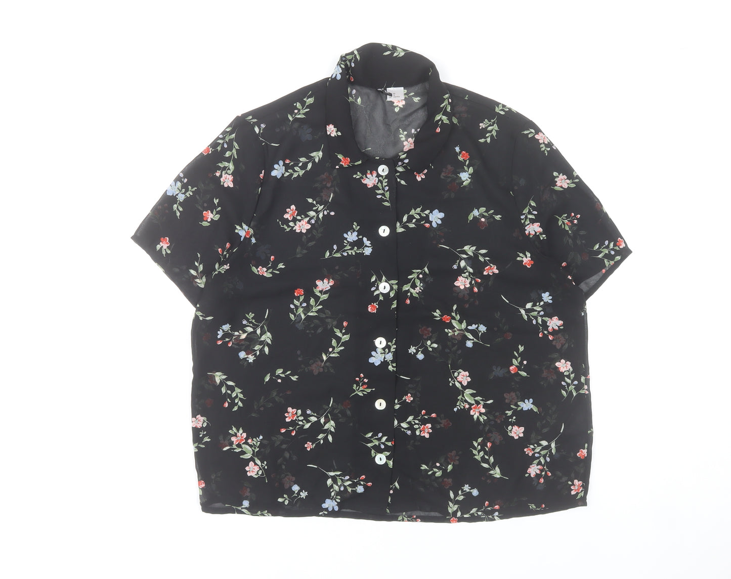 H&M Women’s Black Floral Button-Up Chiffon Shirt Top Size 12