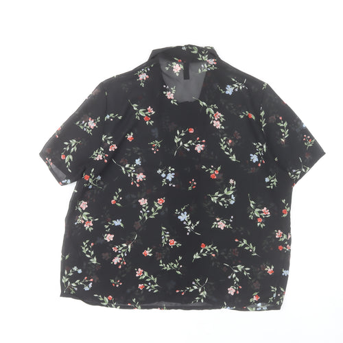 H&M Women’s Black Floral Button-Up Chiffon Shirt Top Size 12