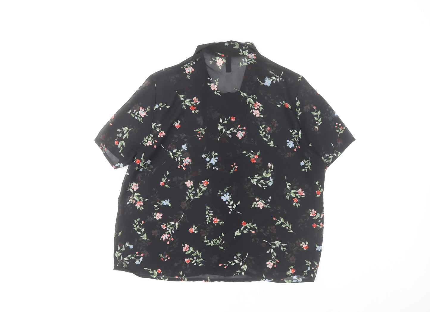 H&M Women’s Black Floral Button-Up Chiffon Shirt Top Size 12