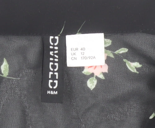 H&M Women’s Black Floral Button-Up Chiffon Shirt Top Size 12