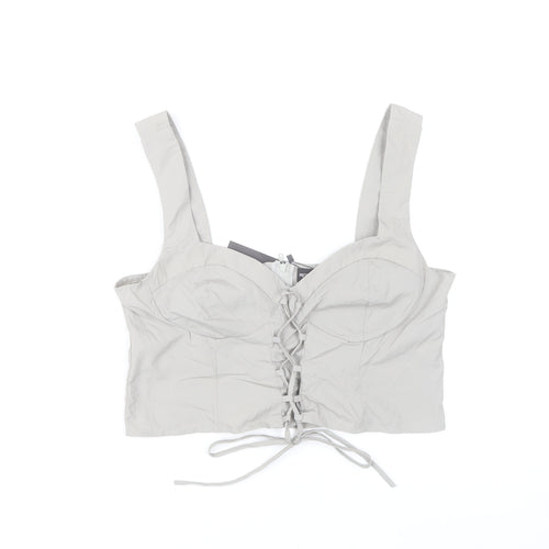 PrettyLittleThing Womens Grey Cropped Sweetheart Lace Up Blouse Size 14