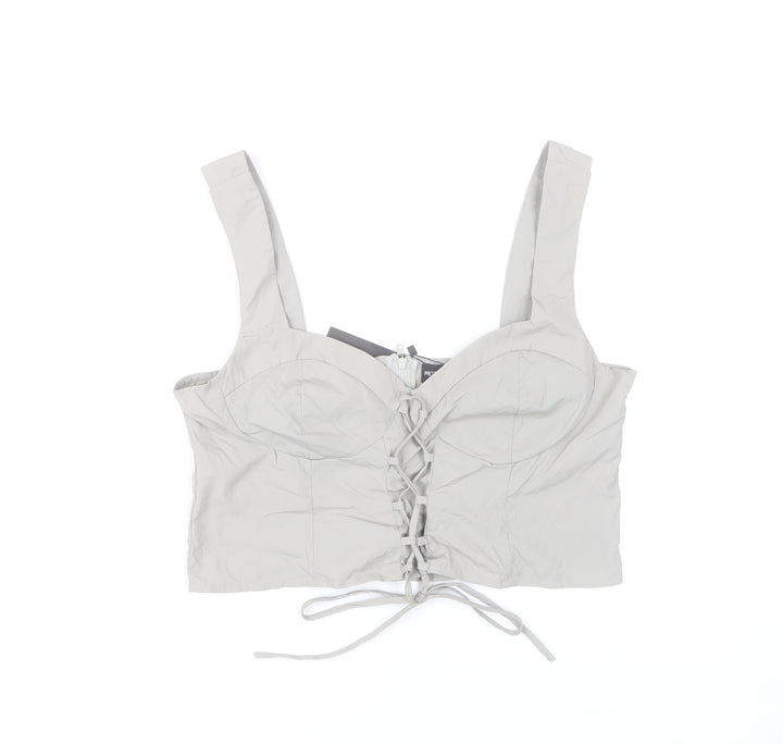 PrettyLittleThing Womens Grey Cropped Sweetheart Lace Up Blouse Size 14