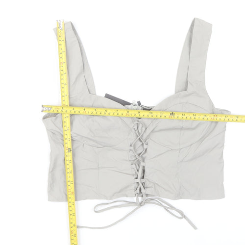 PrettyLittleThing Womens Grey Cropped Sweetheart Lace Up Blouse Size 14