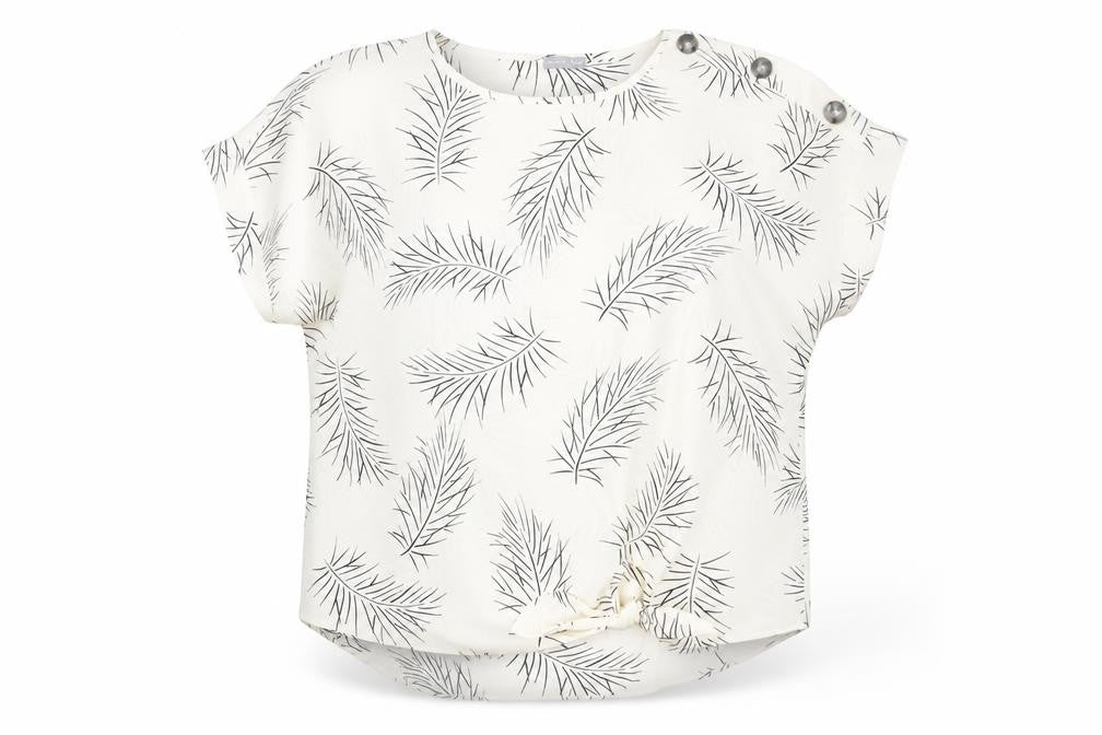 Front view of Dorothy Perkins women’s ivory blouse, size UK 12, button detail leaf print