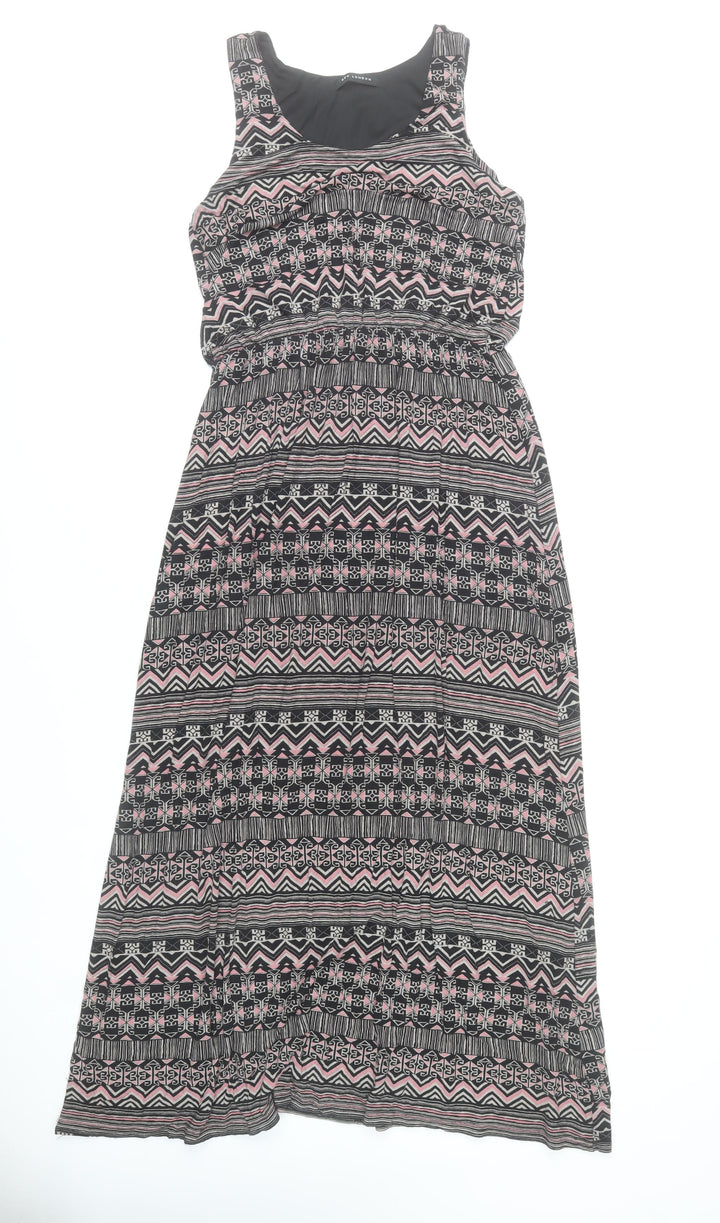 QED London Women’s Black Pink Aztec Maxi Dress Size M Sleeveless Scoop Neck