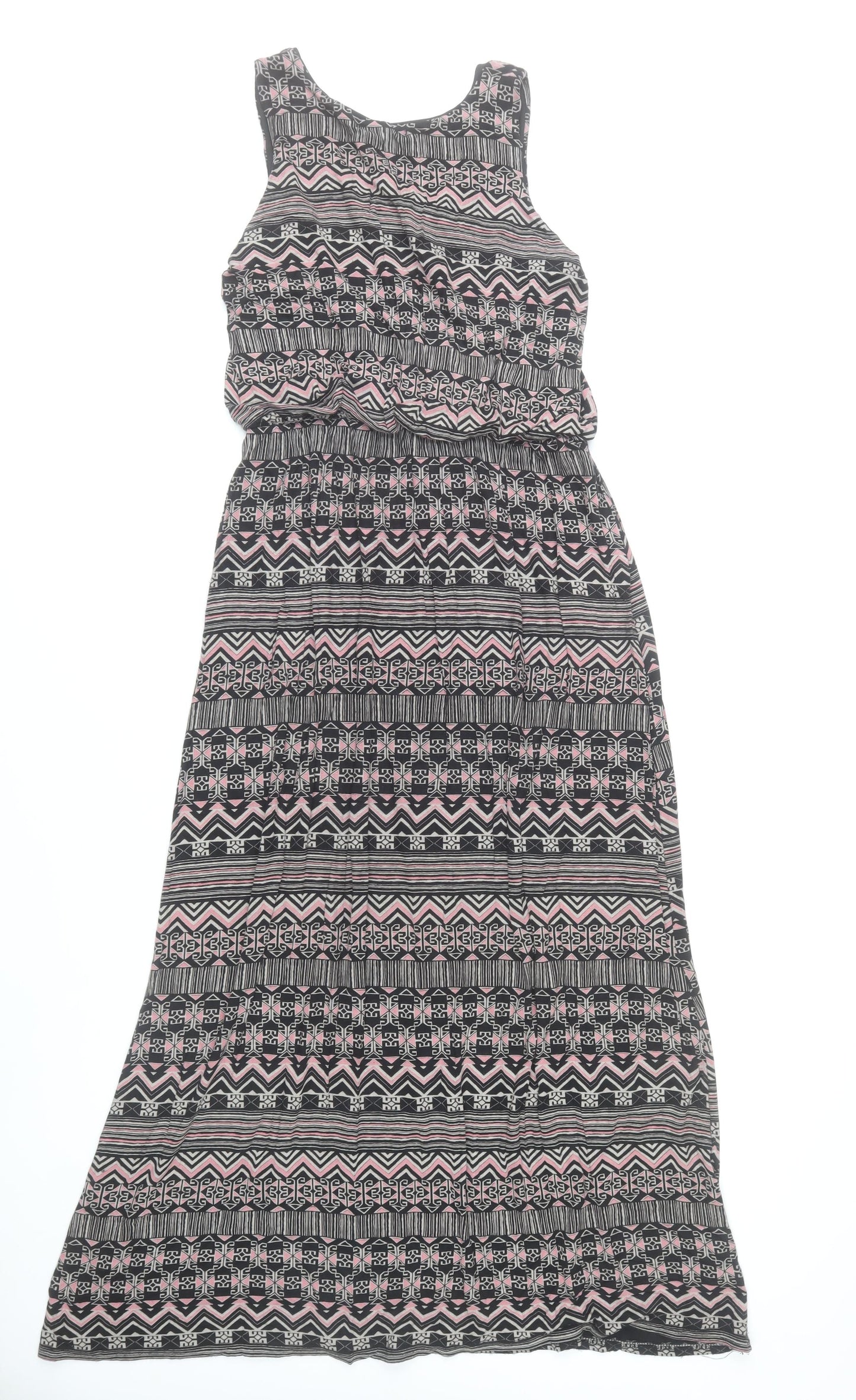 QED London Women’s Black Pink Aztec Maxi Dress Size M Sleeveless Scoop Neck