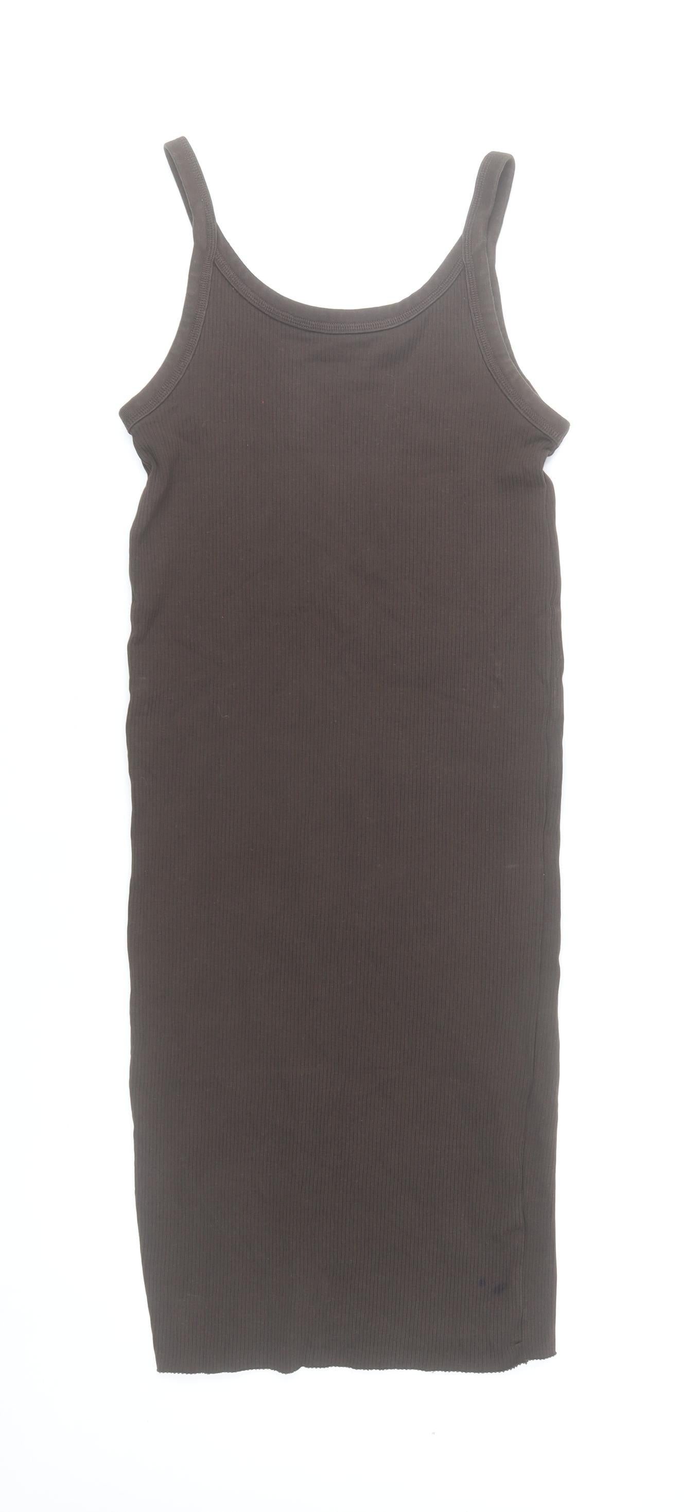 H&M Women Brown Tank Midi Dress Size 8 Cotton Stretch Scoop Neck