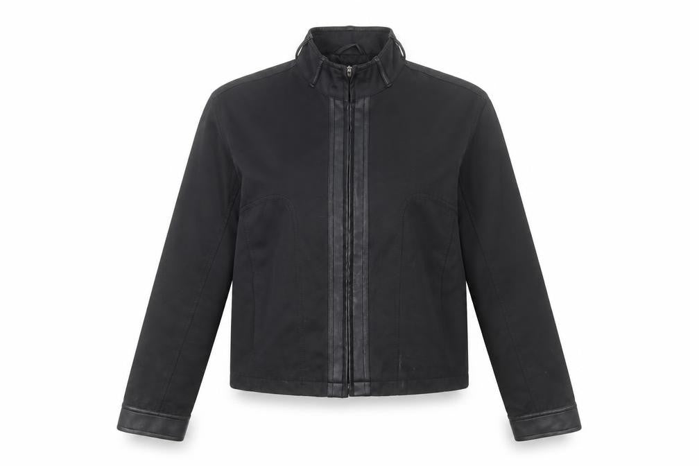 Front view of DNM women’s black, size UK 14, cropped zip up jacket classic style