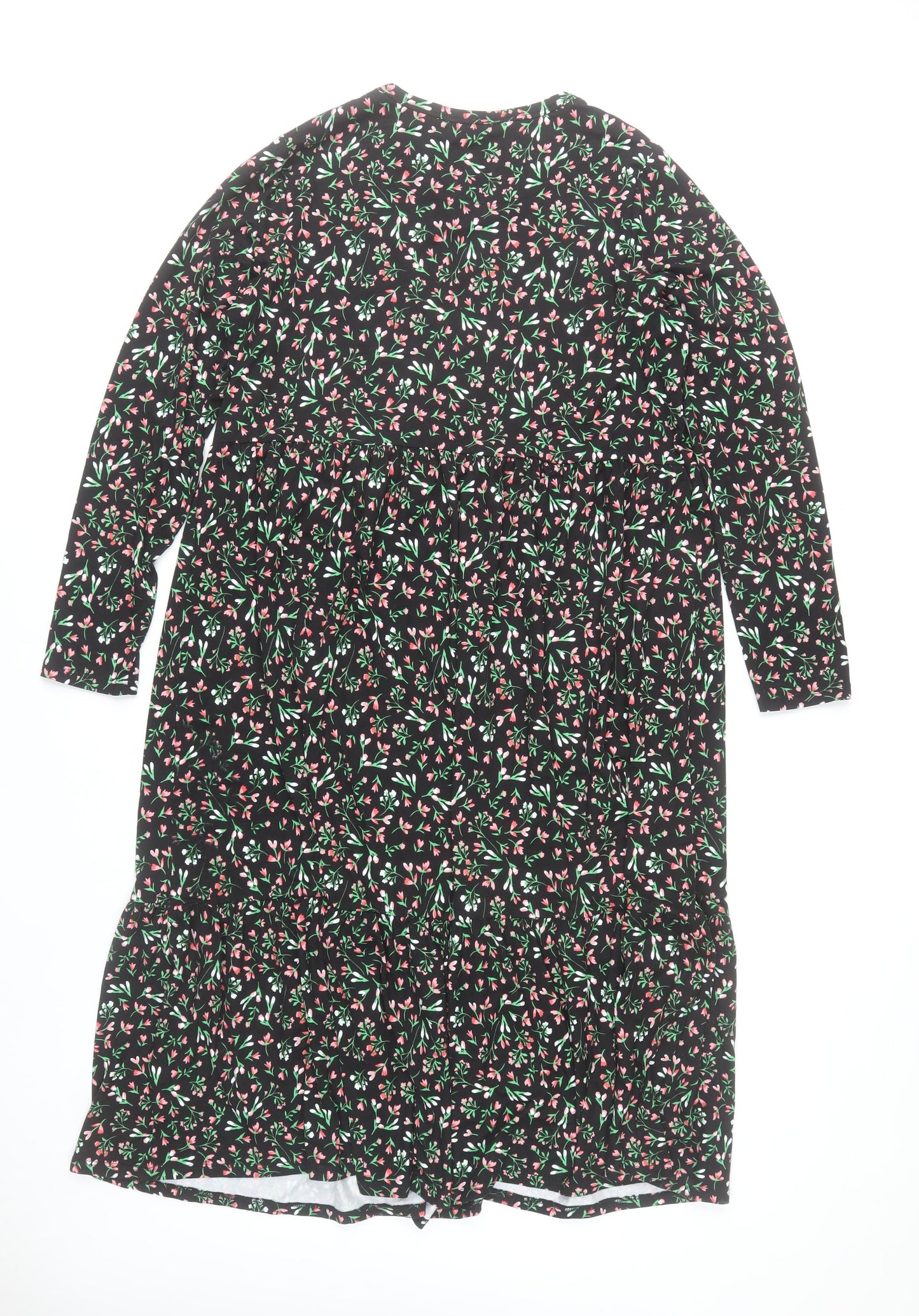F&F Womens Black Floral Midi Dress Size 16 Long Sleeve Casual