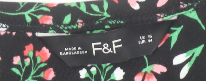 F&F Womens Black Floral Midi Dress Size 16 Long Sleeve Casual