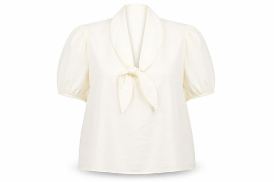 Front view of Marks & Spencer Women’s Ivory Blouse, size UK 18, Puff Sleeve Tie Neck