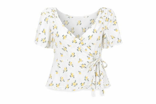 Front view of ASOS Women’s White Floral Wrap Blouse UK 10 Summer Puff Sleeve