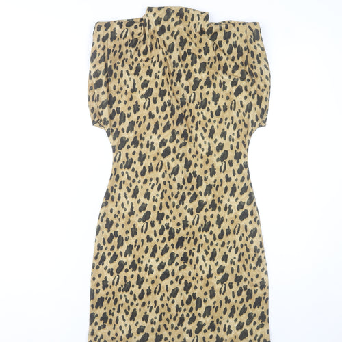 Zara Women Beige Leopard Print Sheath Dress Size 12 Short Sleeve High Neck