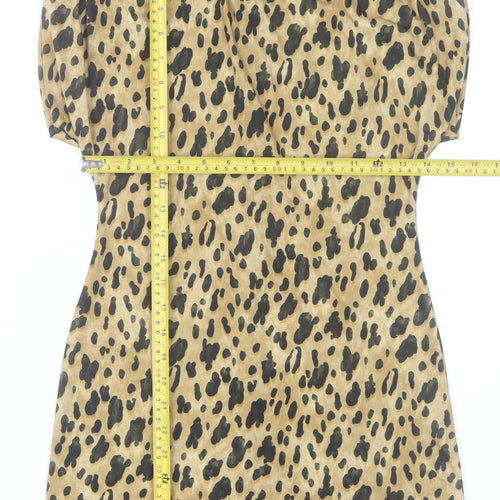 Zara Women Beige Leopard Print Sheath Dress Size 12 Short Sleeve High Neck
