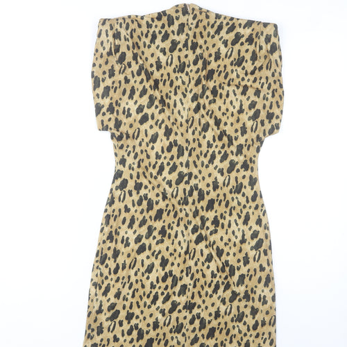 Zara Women Beige Leopard Print Sheath Dress Size 12 Short Sleeve High Neck