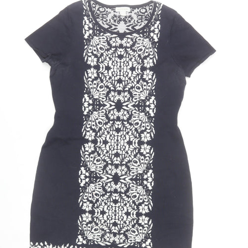 Monsoon Women Black Floral Sheath Dress Size 12 Short Sleeve