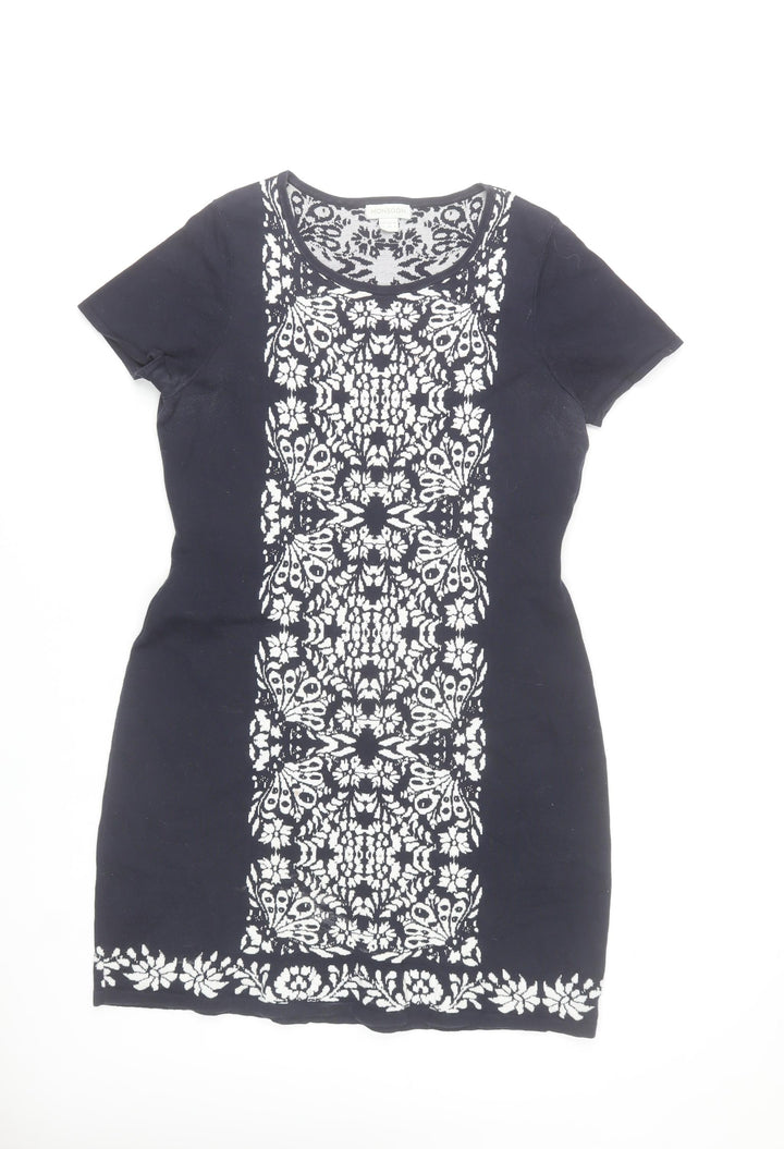 Monsoon Women Black Floral Sheath Dress Size 12 Short Sleeve