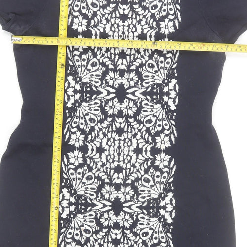 Monsoon Women Black Floral Sheath Dress Size 12 Short Sleeve