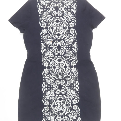 Monsoon Women Black Floral Sheath Dress Size 12 Short Sleeve
