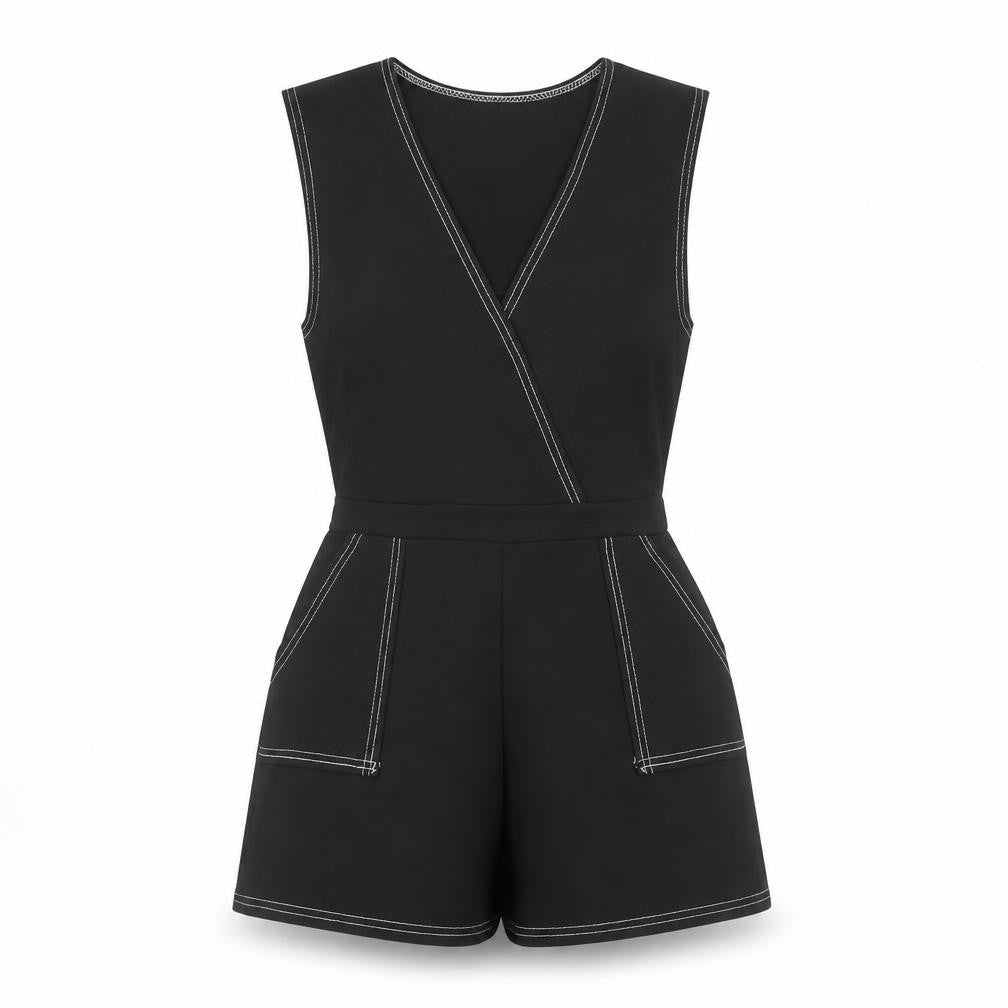 Front view of PRETTYLITTLETHING Women Black, size 8, Sleeveless Playsuit Pockets
