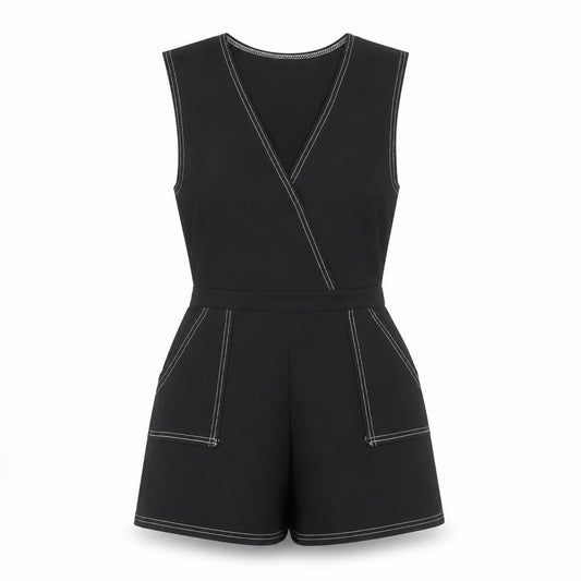 Front view of PRETTYLITTLETHING Women Black, size 8, Sleeveless Playsuit Pockets
