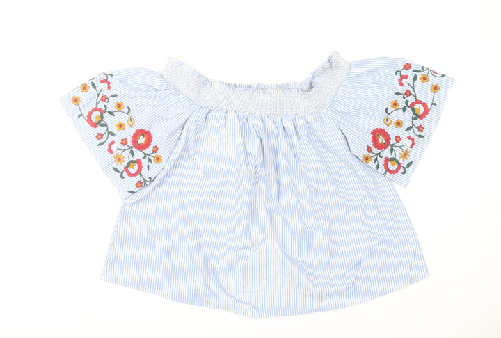 Marks and Spencer Women’s Blue Striped Floral Embroidered Off Shoulder Blouse Size 16