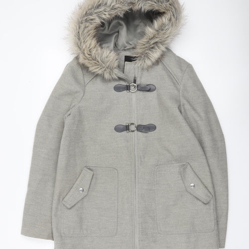 New Look Women’s Grey Fur Hooded Parka Coat UK 10 Mid-Length Winter