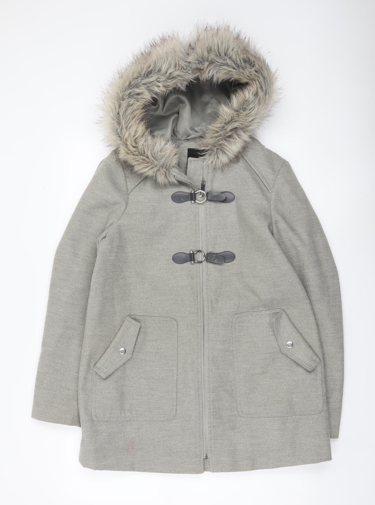 New Look Women’s Grey Fur Hooded Parka Coat UK 10 Mid-Length Winter