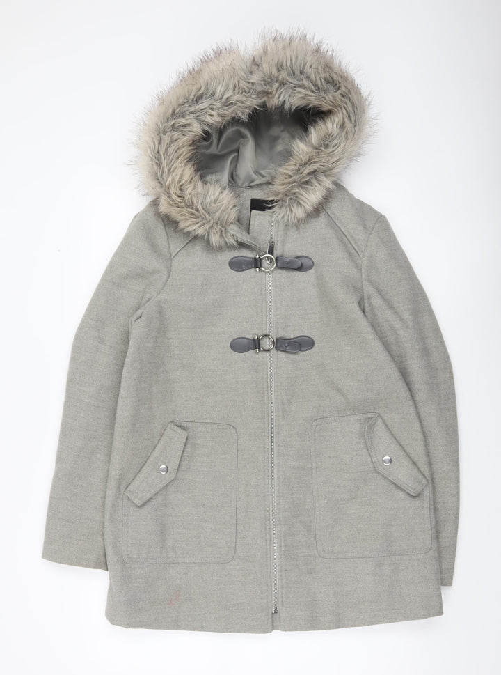 New Look Women’s Grey Fur Hooded Parka Coat UK 10 Mid-Length Winter