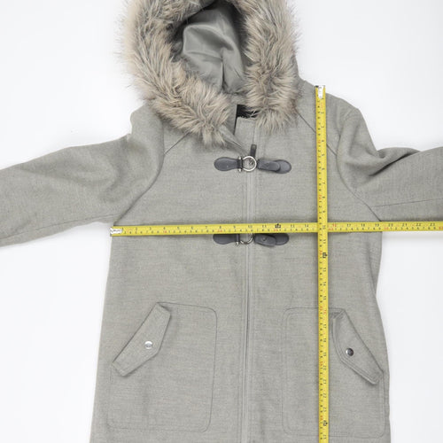 New Look Women’s Grey Fur Hooded Parka Coat UK 10 Mid-Length Winter