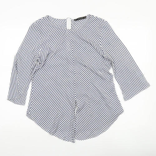 Zara Women Blue Striped Blouse Size 12 Round Neck 3/4 Sleeve