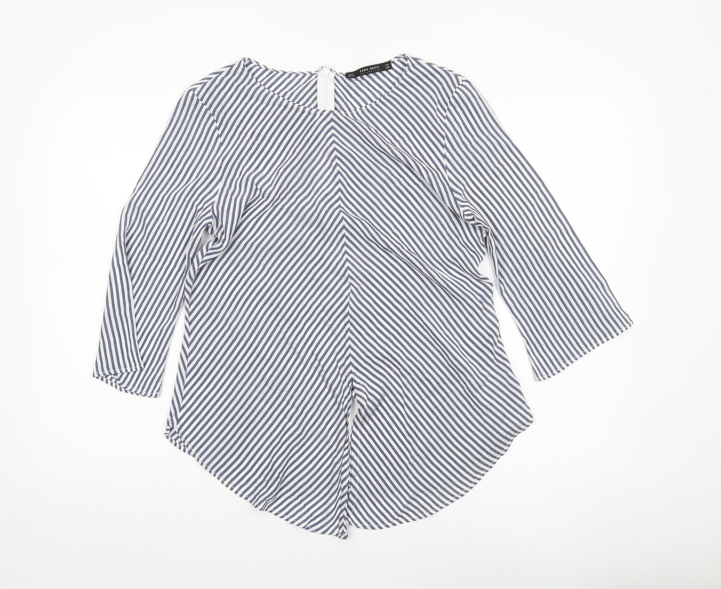 Zara Women Blue Striped Blouse Size 12 Round Neck 3/4 Sleeve