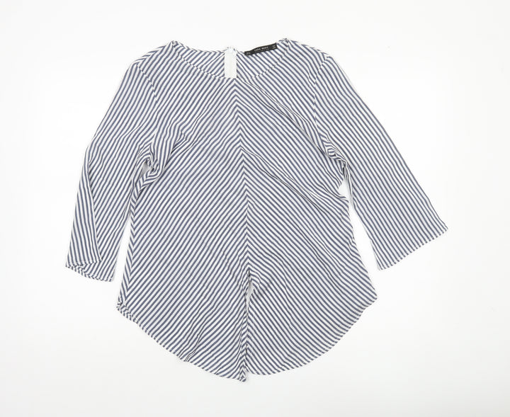 Zara Women Blue Striped Blouse Size 12 Round Neck 3/4 Sleeve