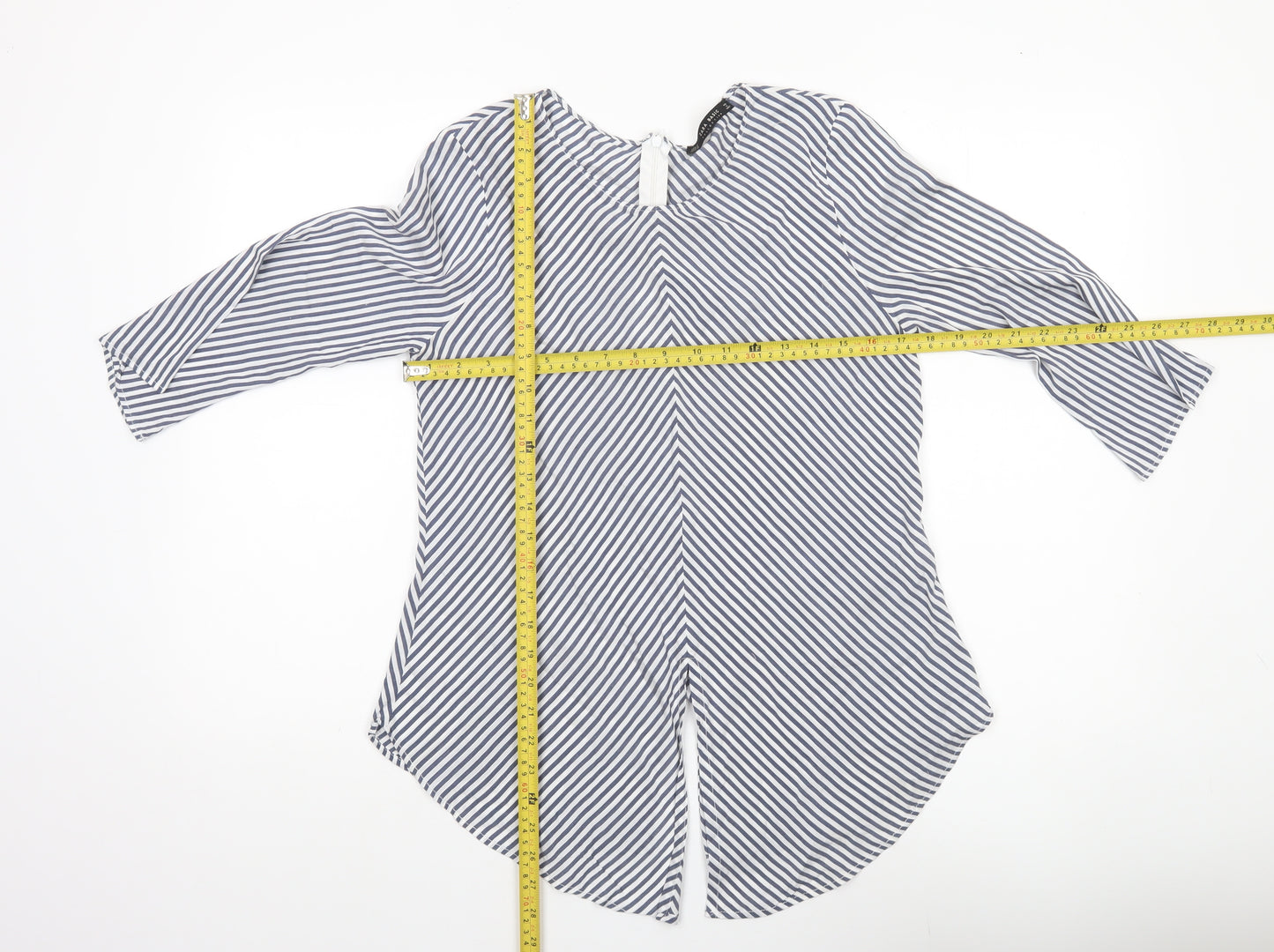 Zara Women Blue Striped Blouse Size 12 Round Neck 3/4 Sleeve